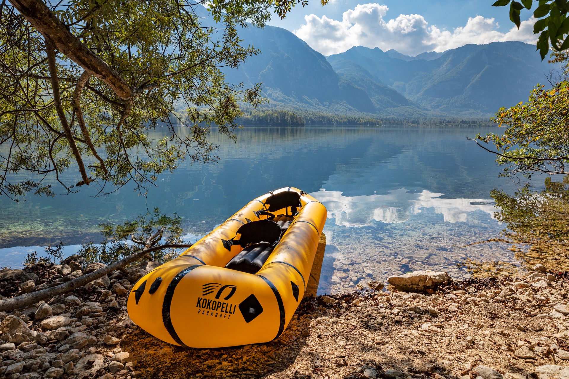 kokopelli Packraft on a lake beach